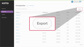 WBL Admin Portal in Xello. The Companies page is open. The Export button is highlighted